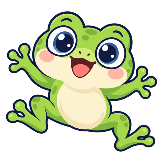 Hop, a green frog, jumping with joy